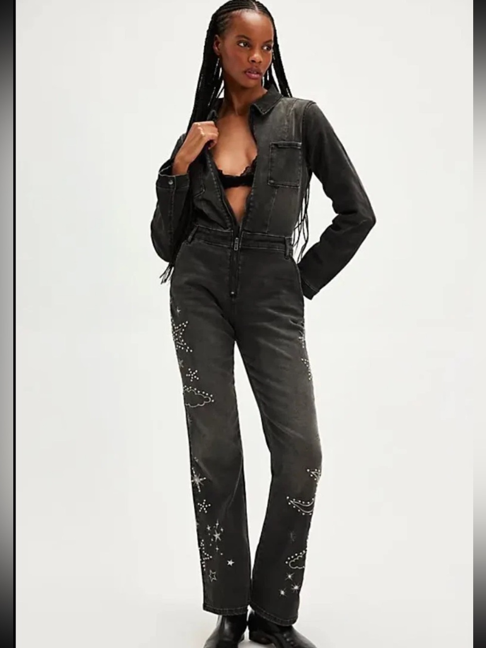 Drfitwood Celestial Jeweled Jumpsuit Womens Small Black Kick Flare Long Sleeve - Picture 2 of 16